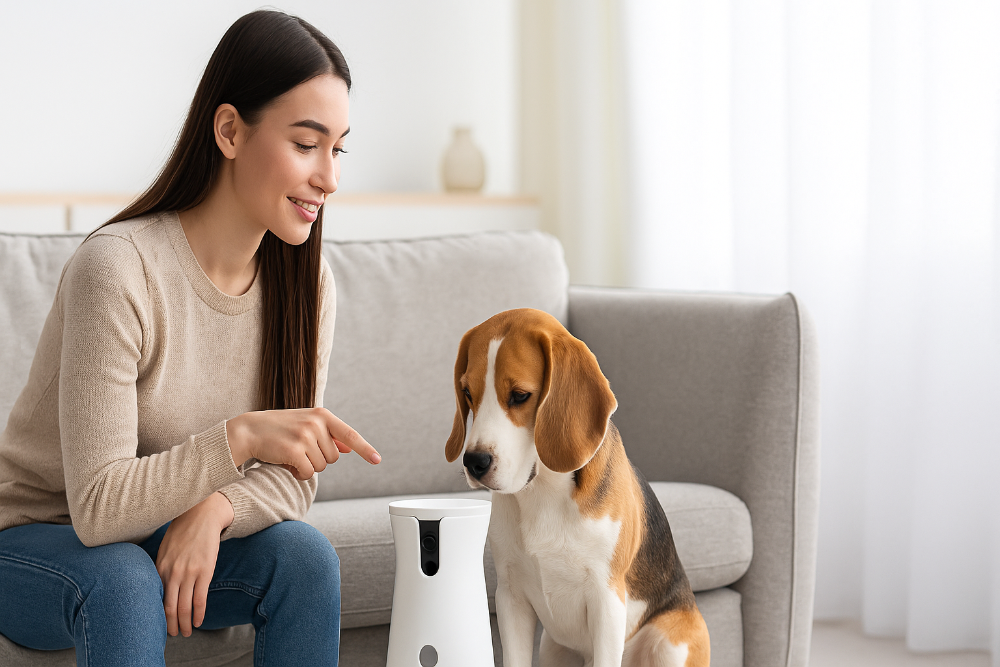 Woman sitting on a couch with a dog, pointing at something off-camera.