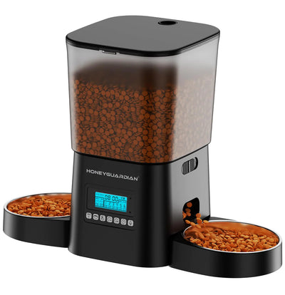 HoneyGuaridan Automatic Cat Feeders for 2 Cats 3.5L Cat Food Dispenser with Double BowlsTwo Way Splitter Cat Feeder for Dry FoodProgrammable 1-6 Meals Control Dual Power Supply