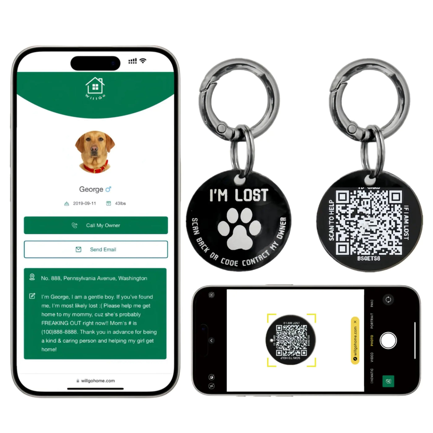 QR Code Pet ID Tags - Stainless Steel Dog Tags and Cat Tags Modifiable Online Pet Profile Scan QR Receive Instant Pet Location Alert Email Black