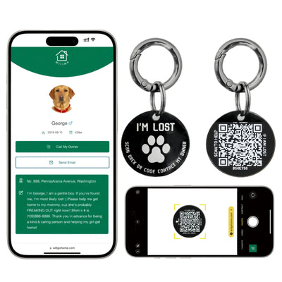 QR Code Pet ID Tags - Stainless Steel Dog Tags and Cat Tags Modifiable Online Pet Profile Scan QR Receive Instant Pet Location Alert Email Black